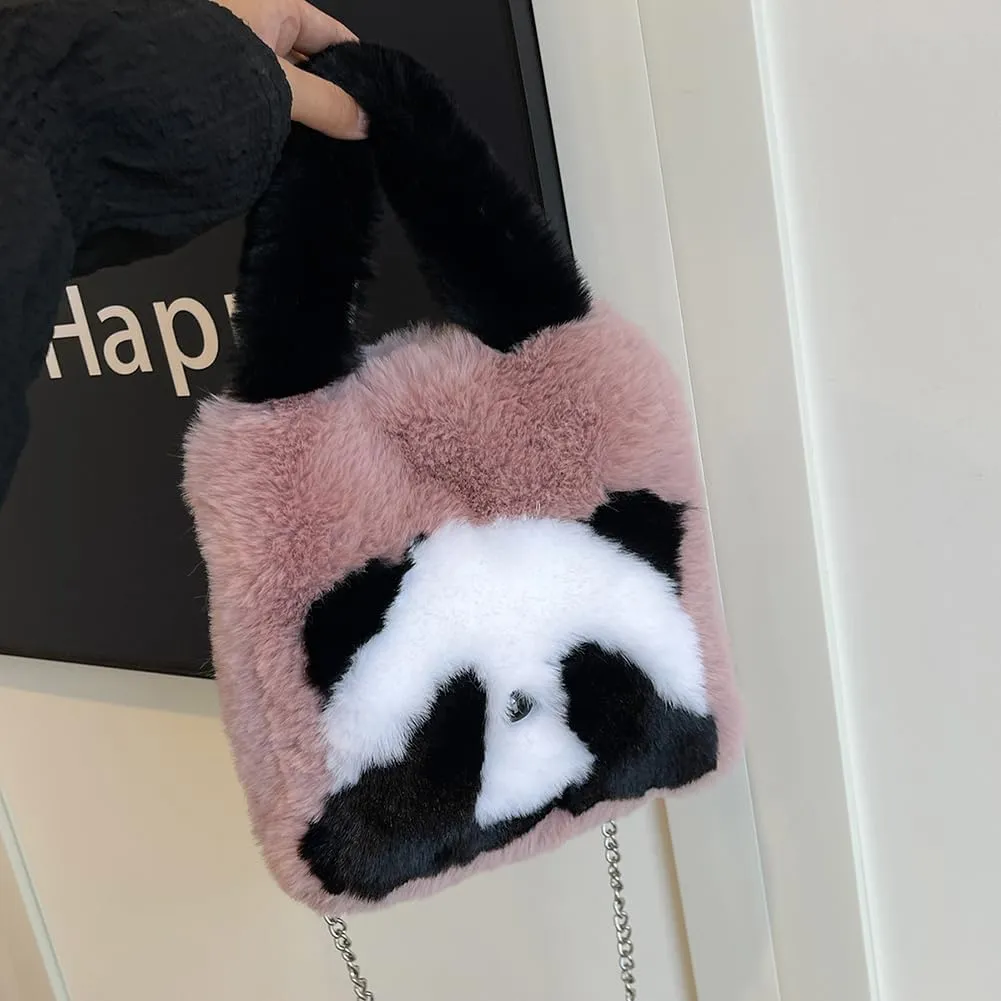 Women Panda Furry Shoulder Bag with Chain Strap Fluffy Panda Crossbody Bag Large Capacity Plush Panda Tote Handbag L