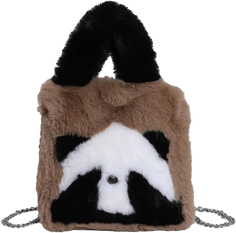Women Panda Furry Shoulder Bag with Chain Strap Fluffy Panda Crossbody Bag Large Capacity Plush Panda Tote Handbag L