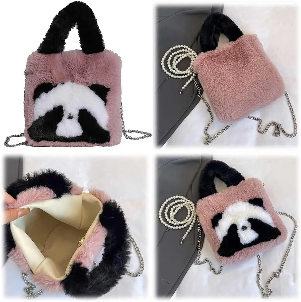 Women Panda Furry Shoulder Bag with Chain Strap Fluffy Panda Crossbody Bag Large Capacity Plush Panda Tote Handbag L