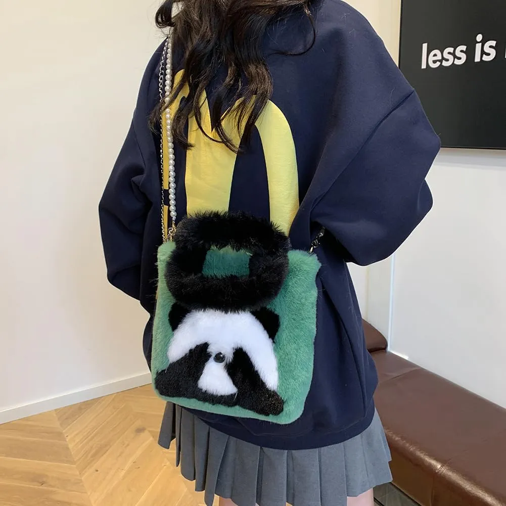 Women Panda Furry Shoulder Bag with Chain Strap Fluffy Panda Crossbody Bag Large Capacity Plush Panda Tote Handbag L