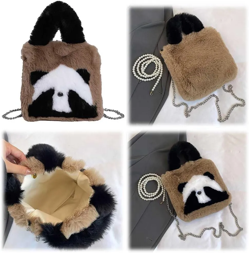 Women Panda Furry Shoulder Bag with Chain Strap Fluffy Panda Crossbody Bag Large Capacity Plush Panda Tote Handbag L