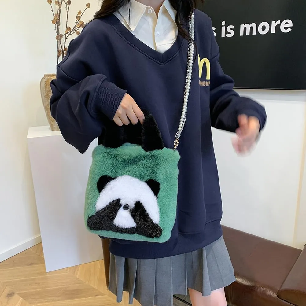 Women Panda Furry Shoulder Bag with Chain Strap Fluffy Panda Crossbody Bag Large Capacity Plush Panda Tote Handbag L