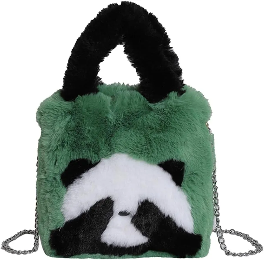 Women Panda Furry Shoulder Bag with Chain Strap Fluffy Panda Crossbody Bag Large Capacity Plush Panda Tote Handbag L