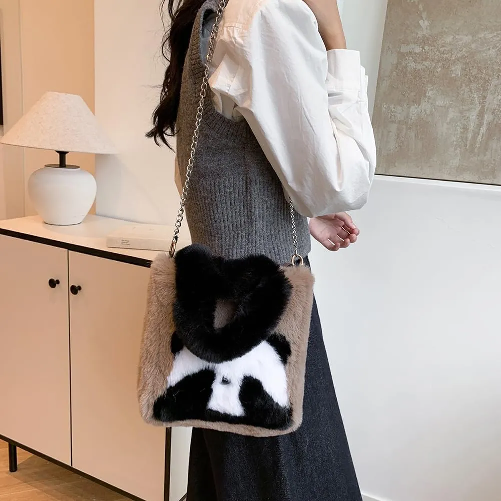 Women Panda Furry Shoulder Bag with Chain Strap Fluffy Panda Crossbody Bag Large Capacity Plush Panda Tote Handbag L