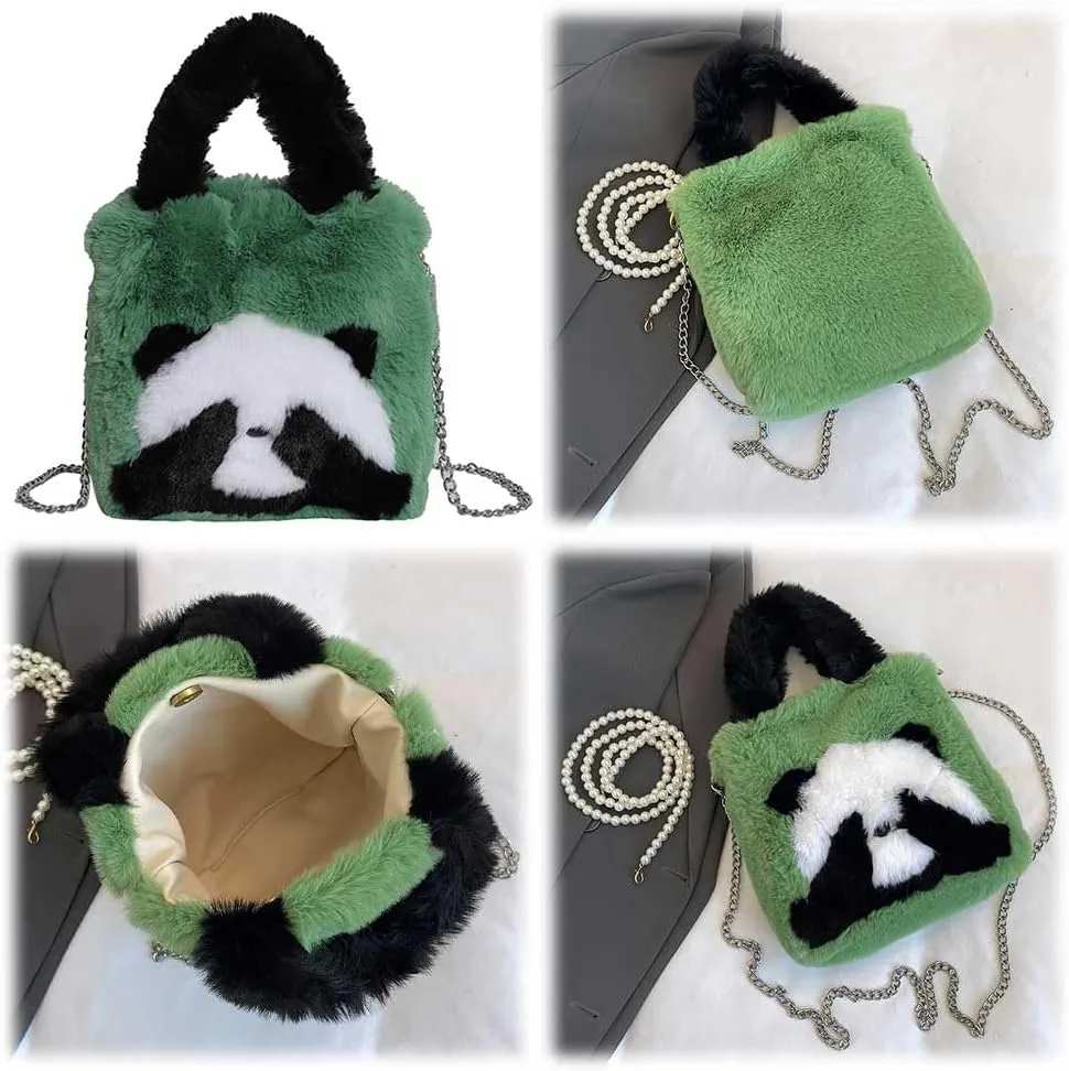 Women Panda Furry Shoulder Bag with Chain Strap Fluffy Panda Crossbody Bag Large Capacity Plush Panda Tote Handbag L