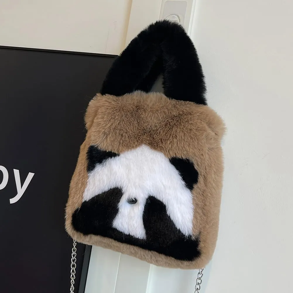 Women Panda Furry Shoulder Bag with Chain Strap Fluffy Panda Crossbody Bag Large Capacity Plush Panda Tote Handbag L