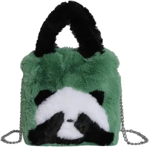 Women Panda Furry Shoulder Bag with Chain Strap Fluffy Panda Crossbody Bag Large Capacity Plush Panda Tote Handbag L