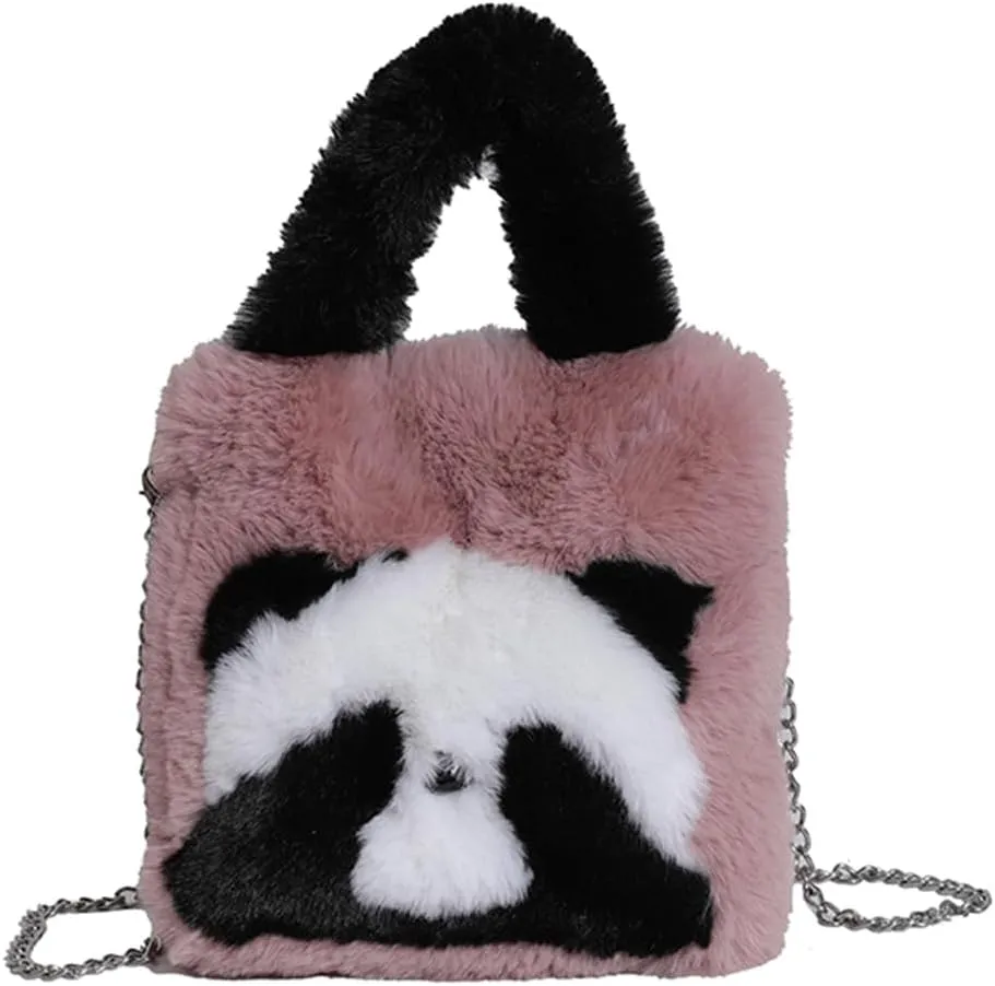 Women Panda Furry Shoulder Bag with Chain Strap Fluffy Panda Crossbody Bag Large Capacity Plush Panda Tote Handbag L
