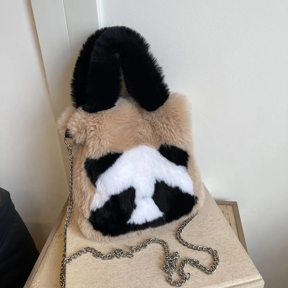 Women Panda Furry Shoulder Bag with Chain Strap Fluffy Panda Crossbody Bag Large Capacity Plush Panda Tote Handbag L