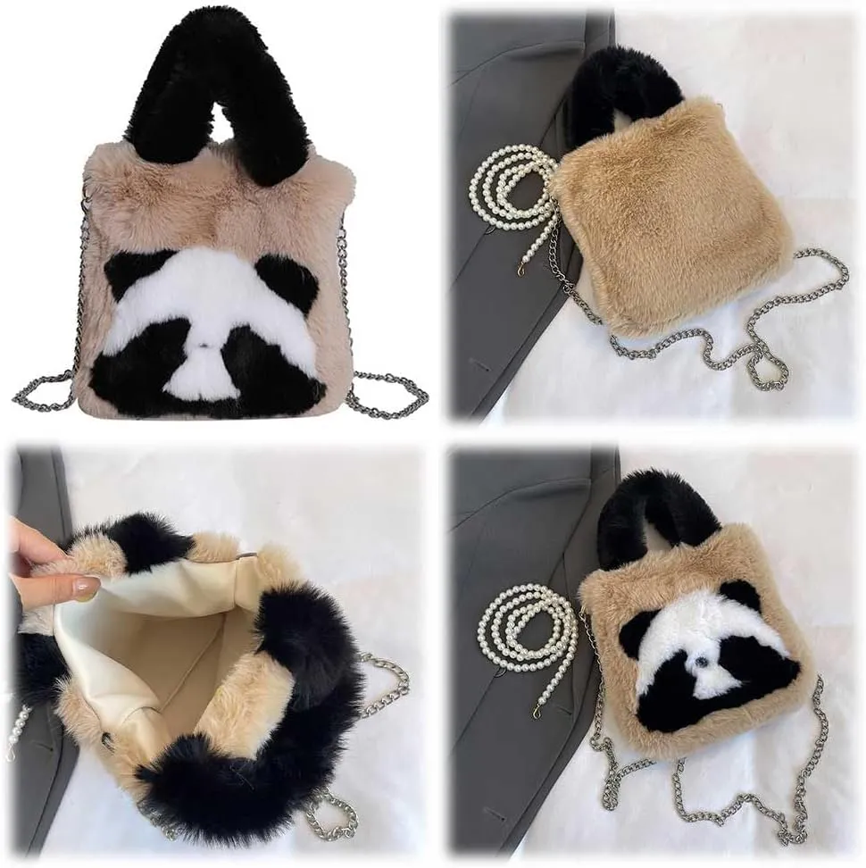 Women Panda Furry Shoulder Bag with Chain Strap Fluffy Panda Crossbody Bag Large Capacity Plush Panda Tote Handbag L