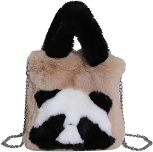 Women Panda Furry Shoulder Bag with Chain Strap Fluffy Panda Crossbody Bag Large Capacity Plush Panda Tote Handbag L