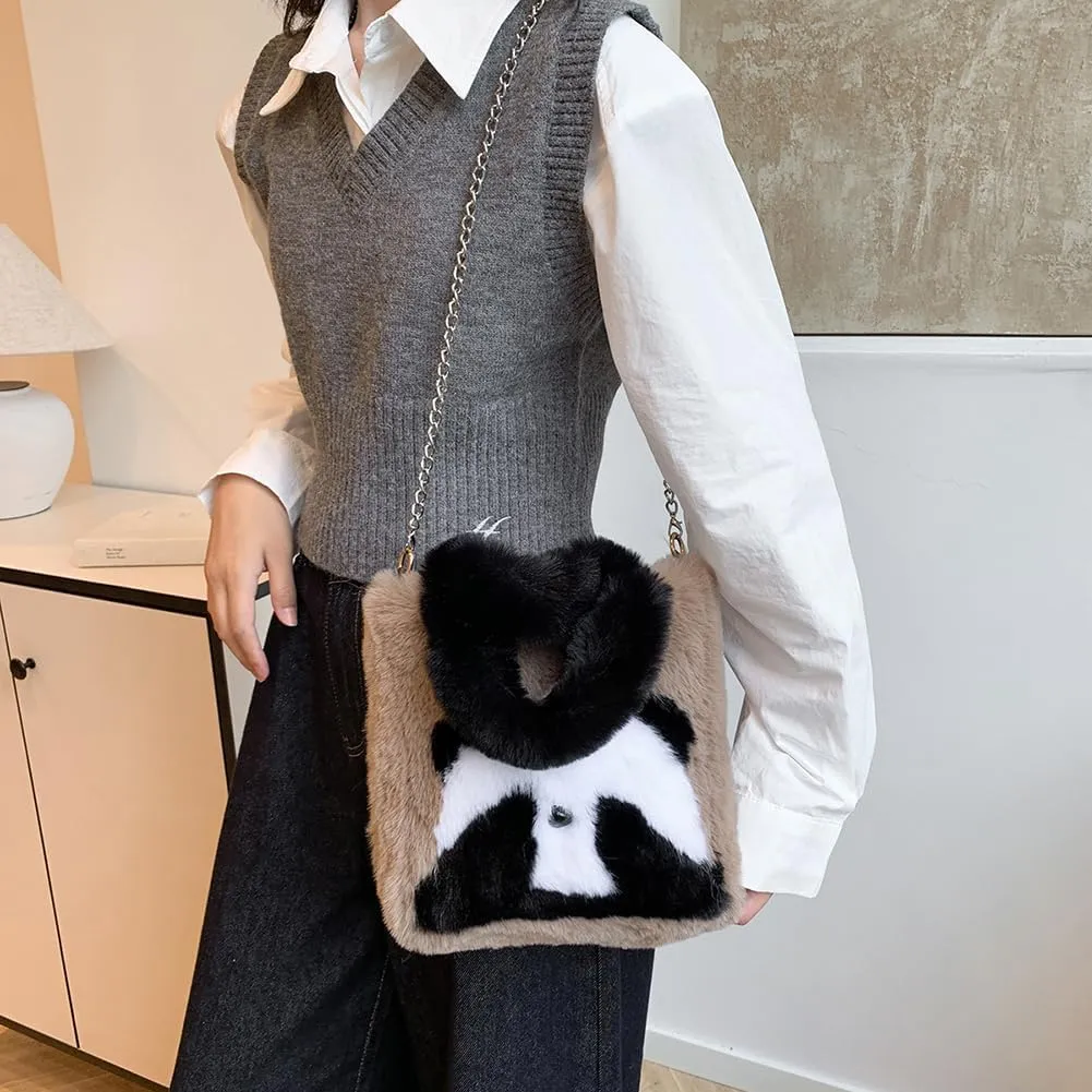 Women Panda Furry Shoulder Bag with Chain Strap Fluffy Panda Crossbody Bag Large Capacity Plush Panda Tote Handbag L