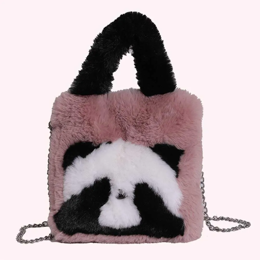 Women Panda Furry Shoulder Bag with Chain Strap Fluffy Panda Crossbody Bag Large Capacity Plush Panda Tote Handbag L