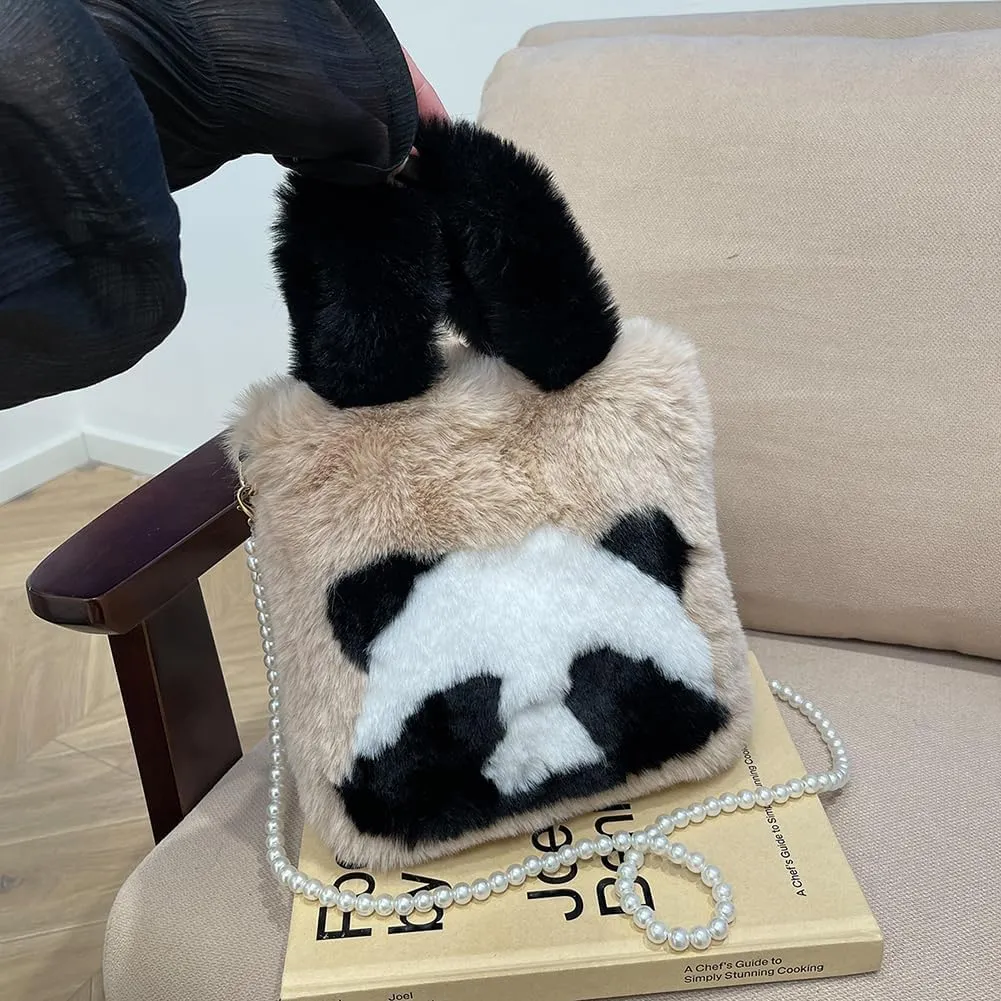 Women Panda Furry Shoulder Bag with Chain Strap Fluffy Panda Crossbody Bag Large Capacity Plush Panda Tote Handbag L