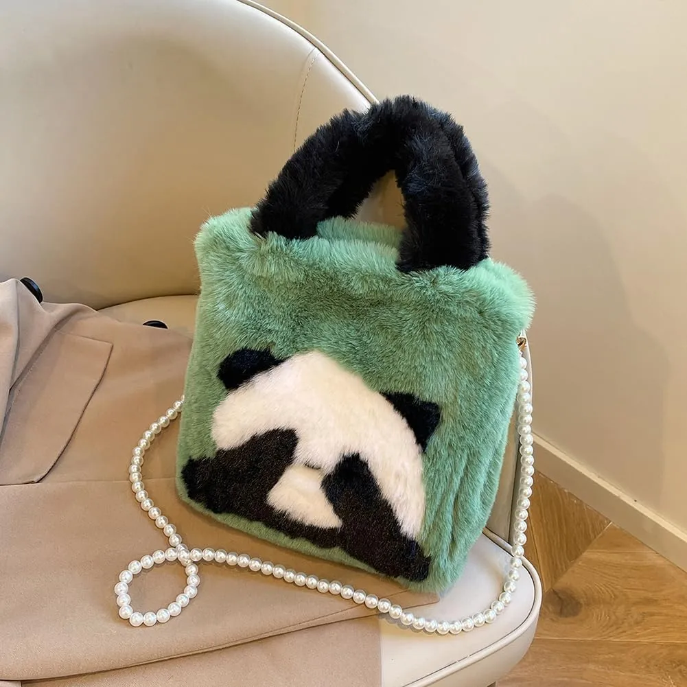 Women Panda Furry Shoulder Bag with Chain Strap Fluffy Panda Crossbody Bag Large Capacity Plush Panda Tote Handbag L