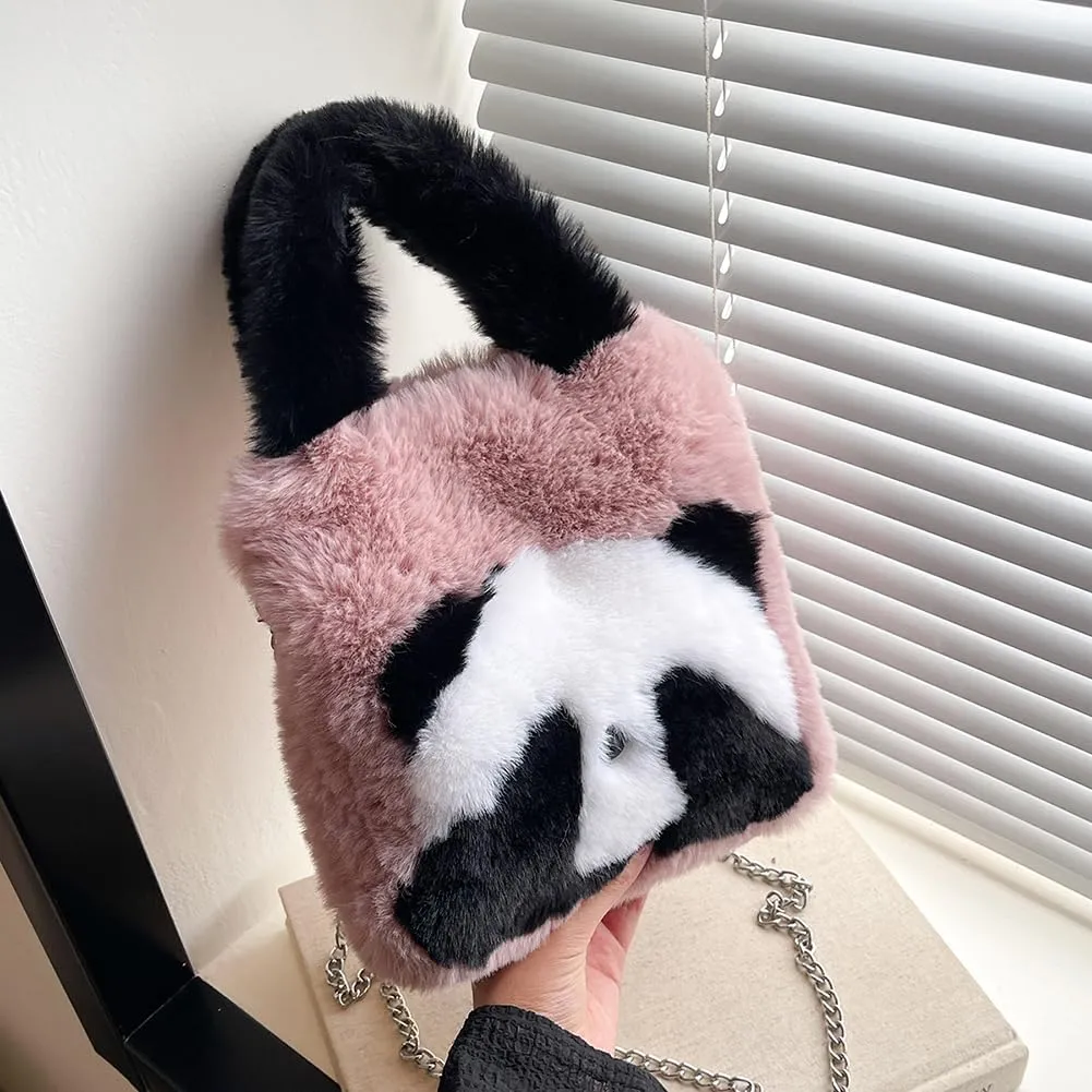 Women Panda Furry Shoulder Bag with Chain Strap Fluffy Panda Crossbody Bag Large Capacity Plush Panda Tote Handbag L