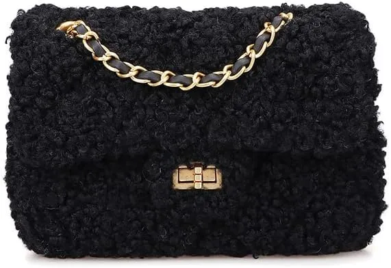 Women Plush Shoulder Bag Fashion Fluffy Crossbody Bag Soft Warm Fuzzy Purse with Adjustable Chain Strap