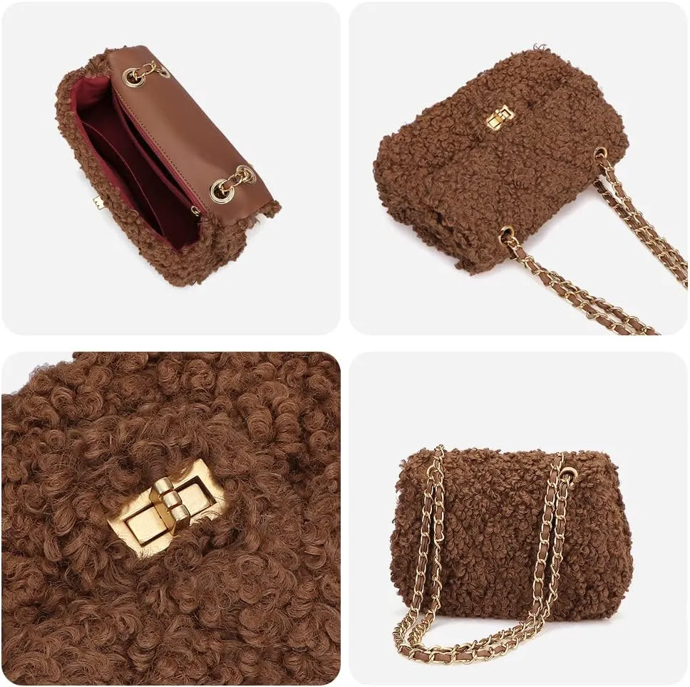 Women Plush Shoulder Bag Fashion Fluffy Crossbody Bag Soft Warm Fuzzy Purse with Adjustable Chain Strap