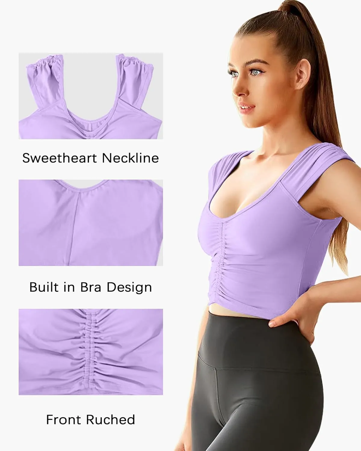 Women Workout Tops Sleeveless Yoga Longline Sports Bra Cutout Short Sleeve Crop Tank Top Gym Running Athletic Shirt U-Back