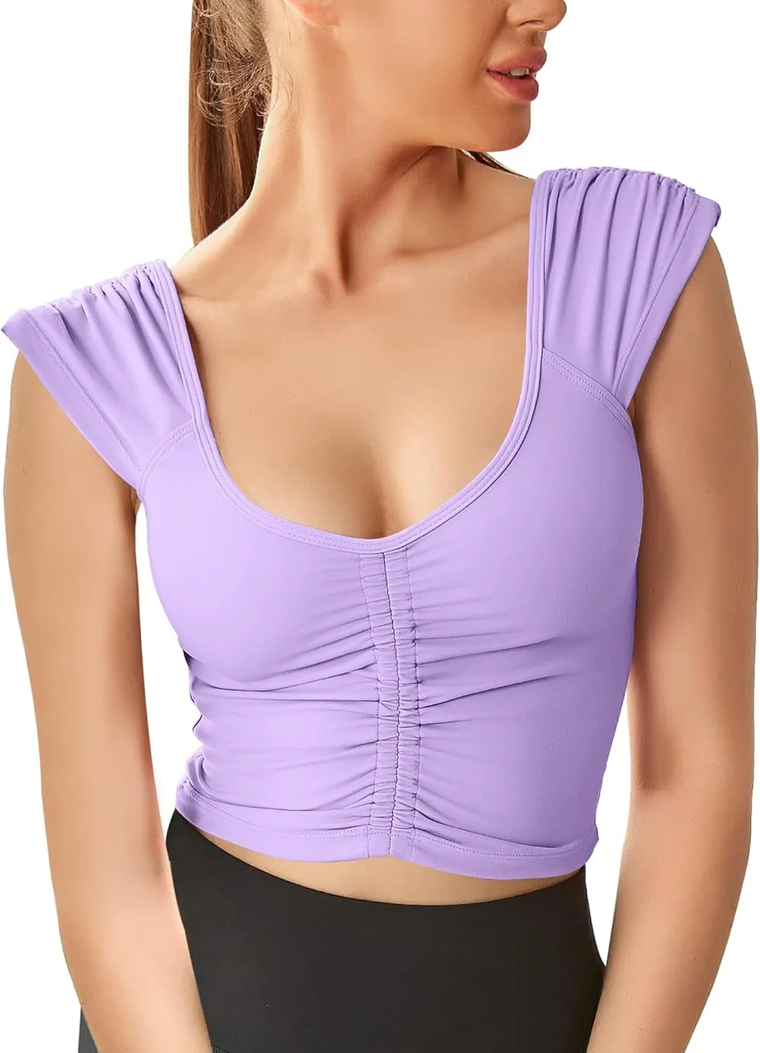 Women Workout Tops Sleeveless Yoga Longline Sports Bra Cutout Short Sleeve Crop Tank Top Gym Running Athletic Shirt U-Back