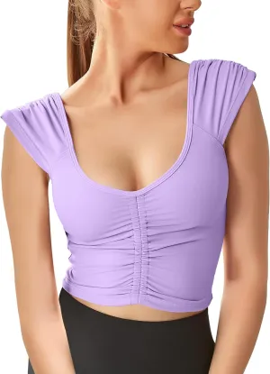 Women Workout Tops Sleeveless Yoga Longline Sports Bra Cutout Short Sleeve Crop Tank Top Gym Running Athletic Shirt U-Back