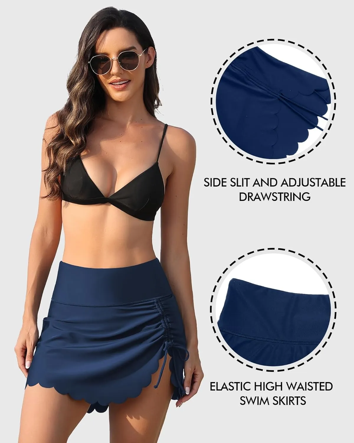 Women's High Waisted Swim Skirt Bottoms Ruched Scallop Trim Bathing Suit Skirts Split Tankini Swimsuit Bottom