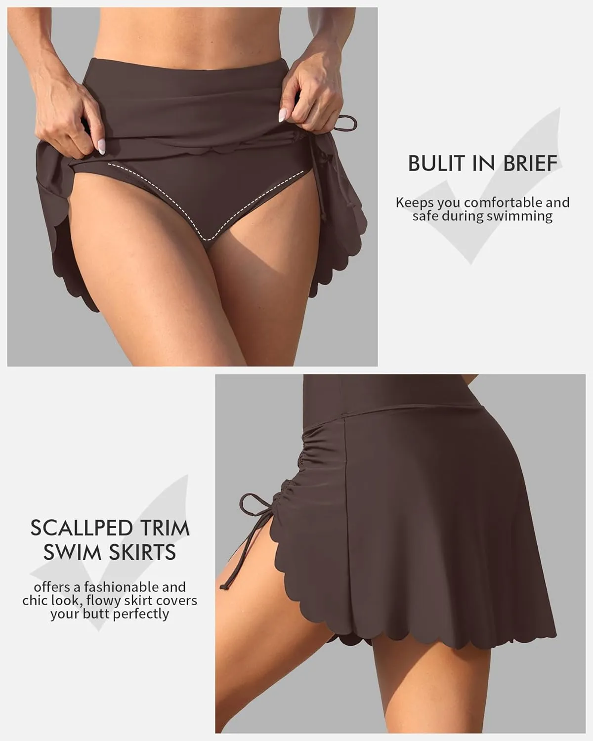 Women's High Waisted Swim Skirt Bottoms Ruched Scallop Trim Bathing Suit Skirts Split Tankini Swimsuit Bottom