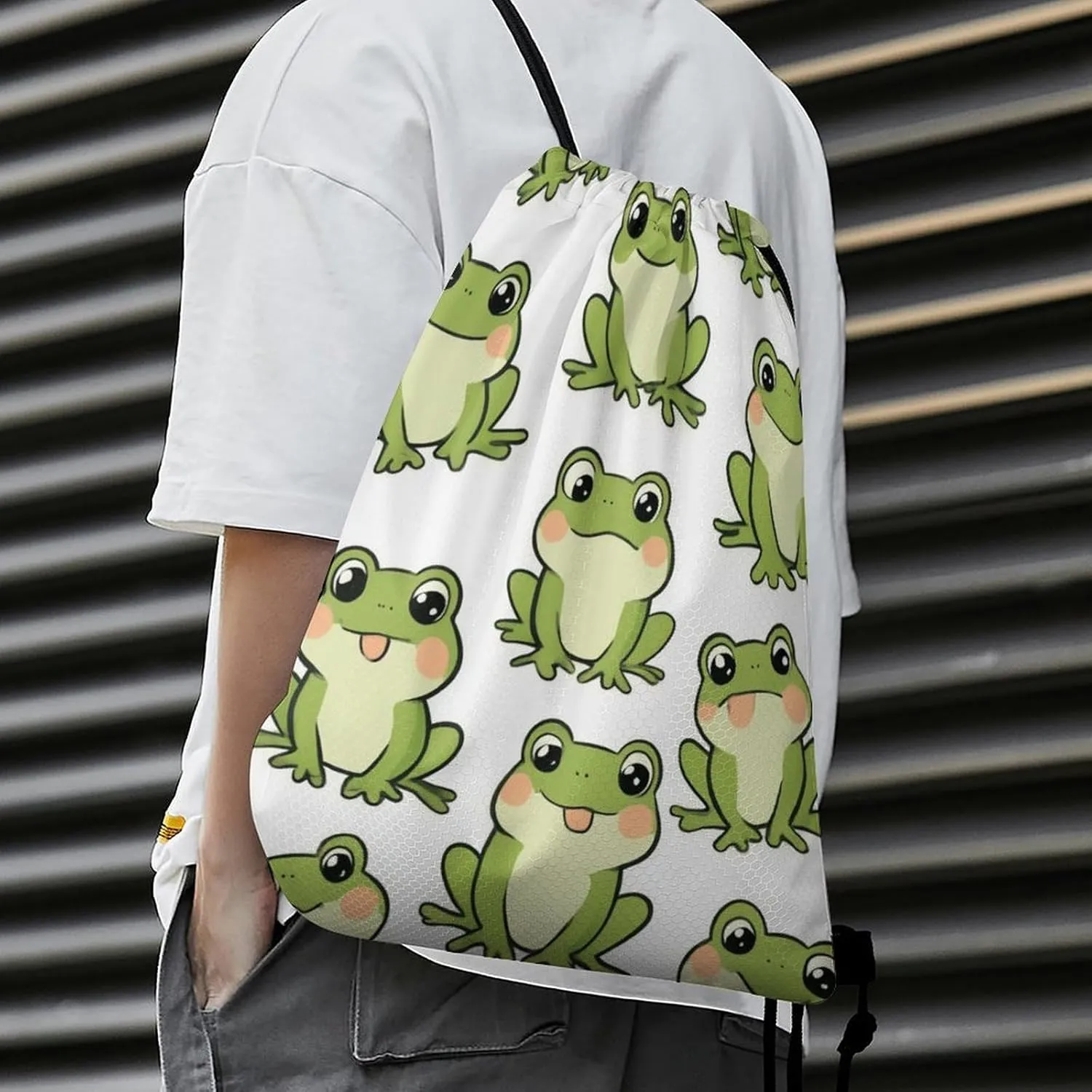 Women's Large Capacity Drawstring Bag, Novelty Waterproof Shopping Storage Pouch for Women, Cute Frog Lightweight Sports Backpack for Yoga