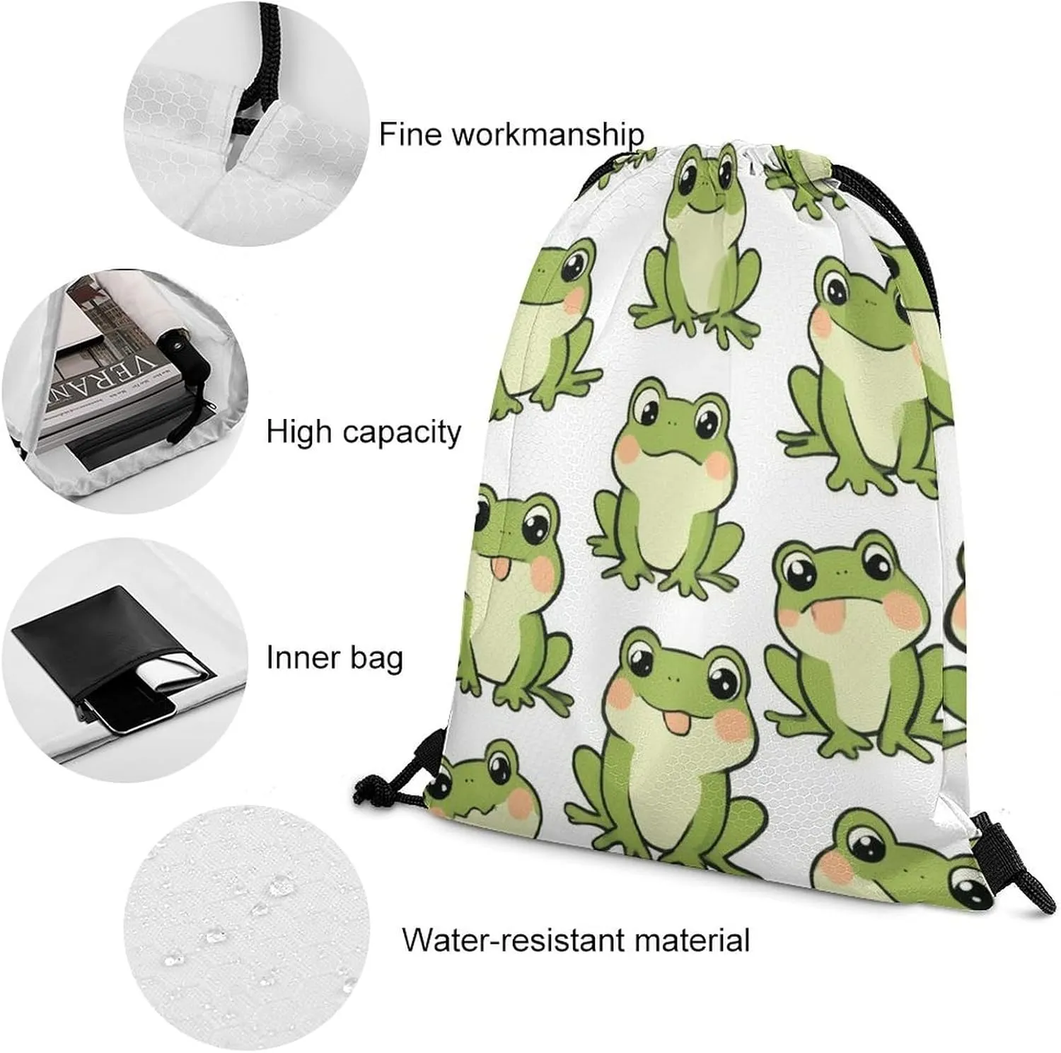 Women's Large Capacity Drawstring Bag, Novelty Waterproof Shopping Storage Pouch for Women, Cute Frog Lightweight Sports Backpack for Yoga