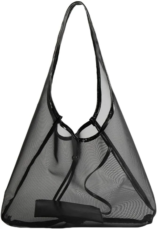 Women's Mesh Hobo Handbags With Purse 2pcs Breathable Nylon Shoulder Bag Fashion Lightweight Summer Beach Crescent Tote Bag