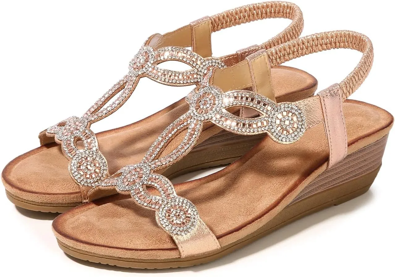 Women's Wedge Sandals Summer Comfortable Casual Bohemian Rhinestone Platform Outdoor Beach Shoes