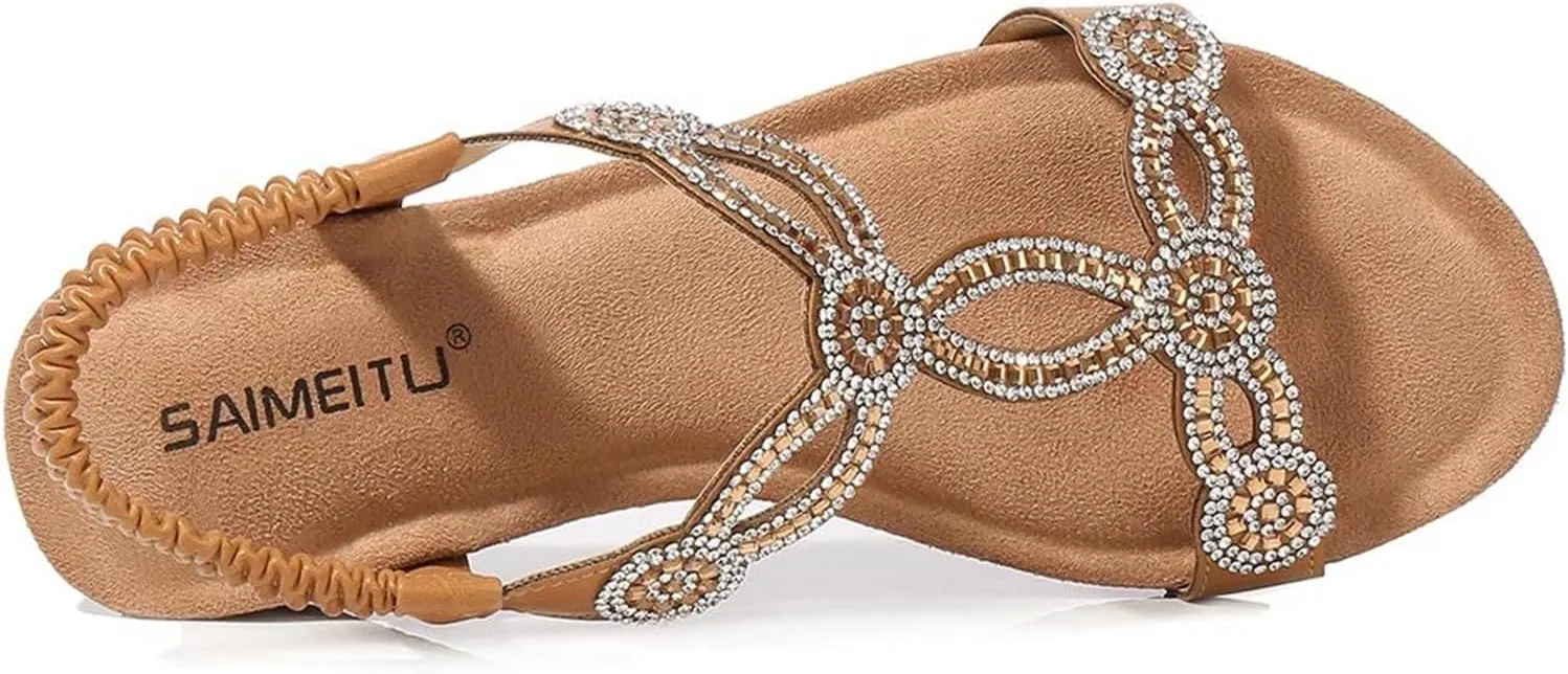 Women's Wedge Sandals Summer Comfortable Casual Bohemian Rhinestone Platform Outdoor Beach Shoes