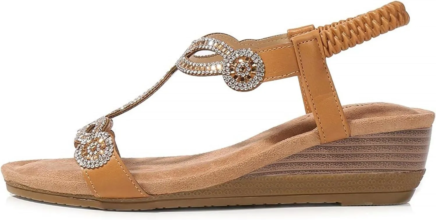 Women's Wedge Sandals Summer Comfortable Casual Bohemian Rhinestone Platform Outdoor Beach Shoes