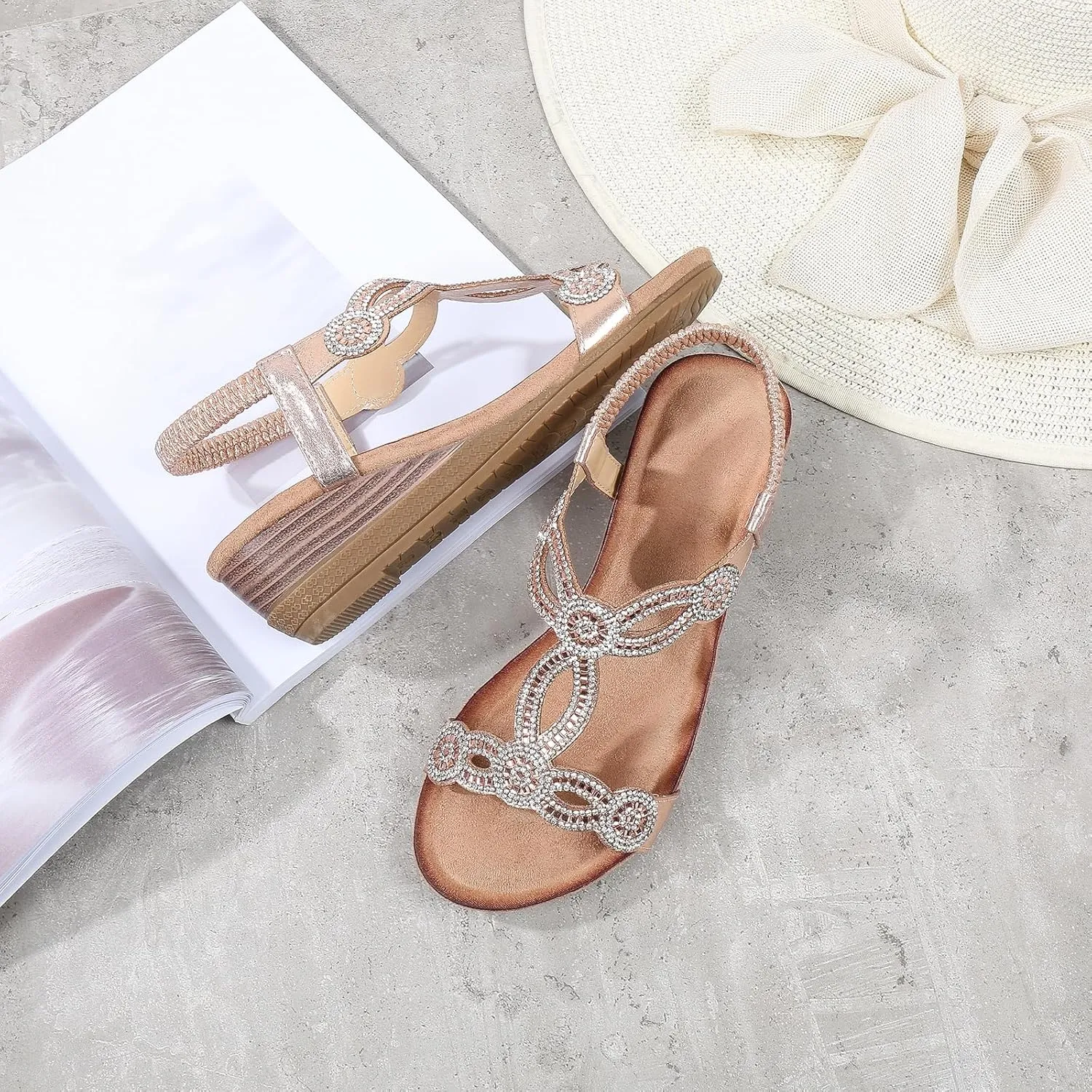 Women's Wedge Sandals Summer Comfortable Casual Bohemian Rhinestone Platform Outdoor Beach Shoes