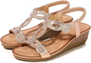 Women's Wedge Sandals Summer Comfortable Casual Bohemian Rhinestone Platform Outdoor Beach Shoes