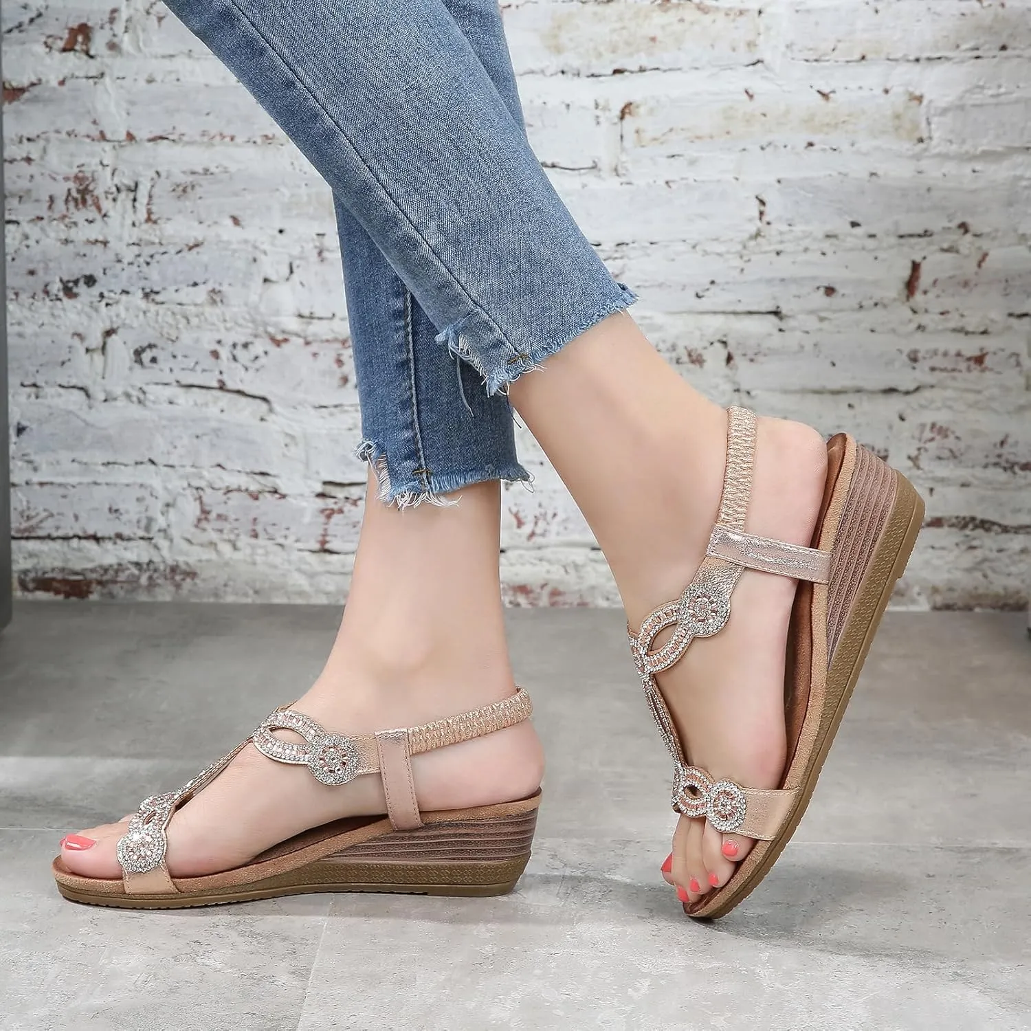 Women's Wedge Sandals Summer Comfortable Casual Bohemian Rhinestone Platform Outdoor Beach Shoes