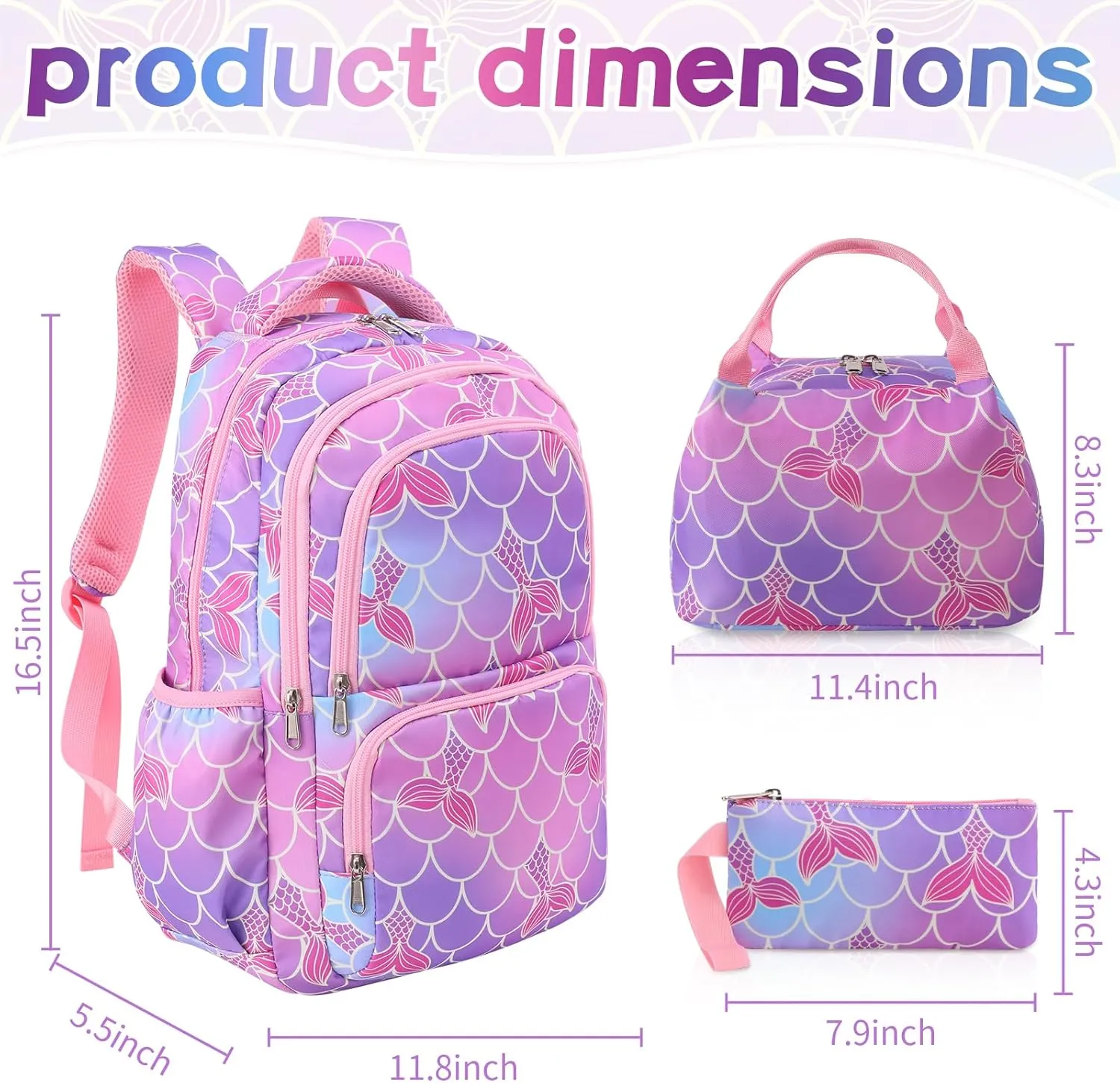 Woosir Girls Backpack Mermaid School Backpack with Lunch Box SchoolBags for Kids Kindergarten Elementary Preschool Bookbag Kids Backpacks Back to School Gifts Mochilas Escolares para Niñas