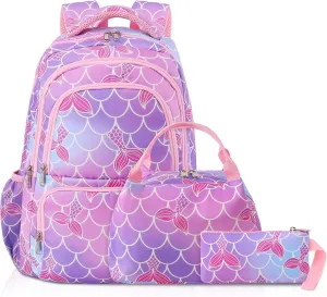Woosir Girls Backpack Mermaid School Backpack with Lunch Box SchoolBags for Kids Kindergarten Elementary Preschool Bookbag Kids Backpacks Back to School Gifts Mochilas Escolares para Niñas