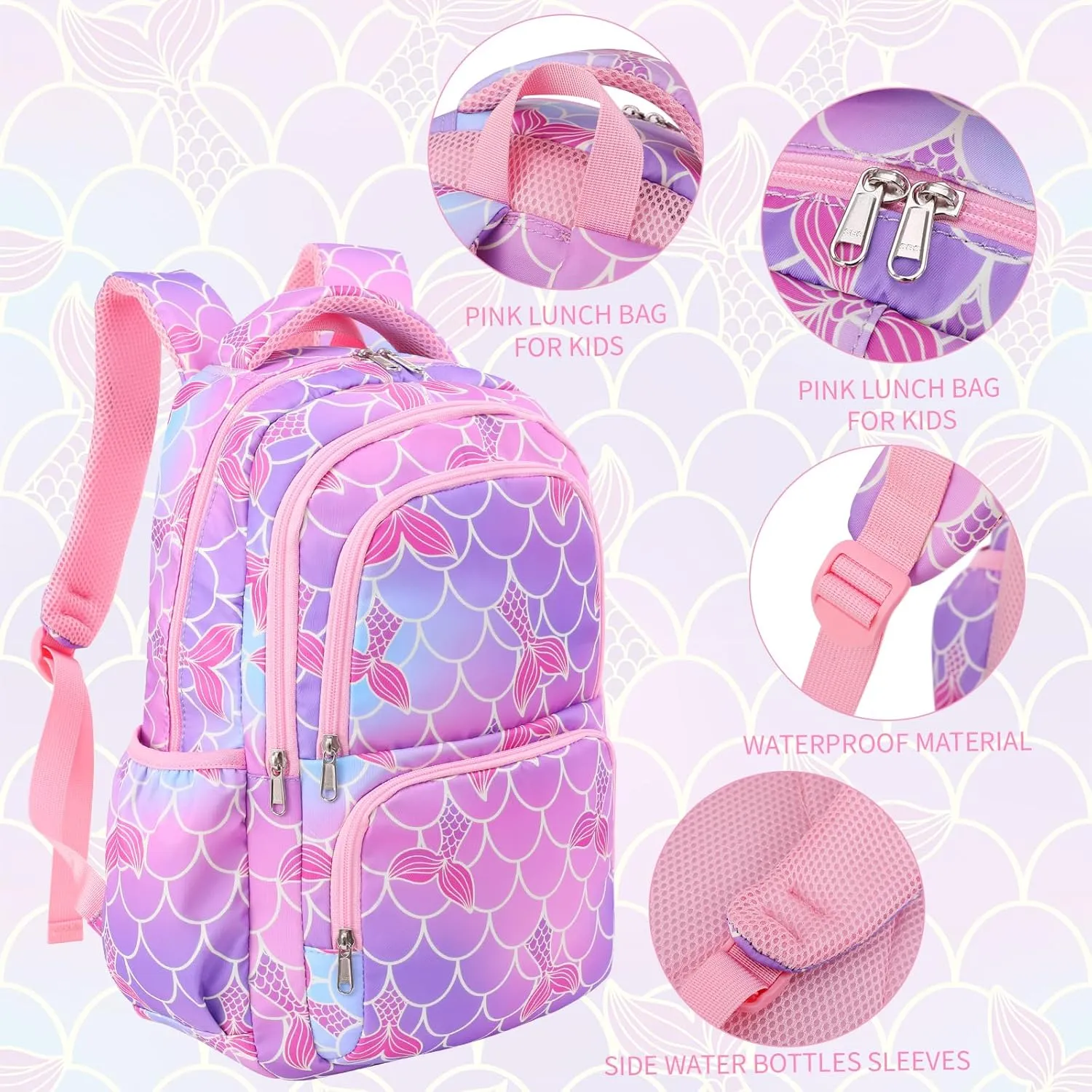 Woosir Girls Backpack Mermaid School Backpack with Lunch Box SchoolBags for Kids Kindergarten Elementary Preschool Bookbag Kids Backpacks Back to School Gifts Mochilas Escolares para Niñas