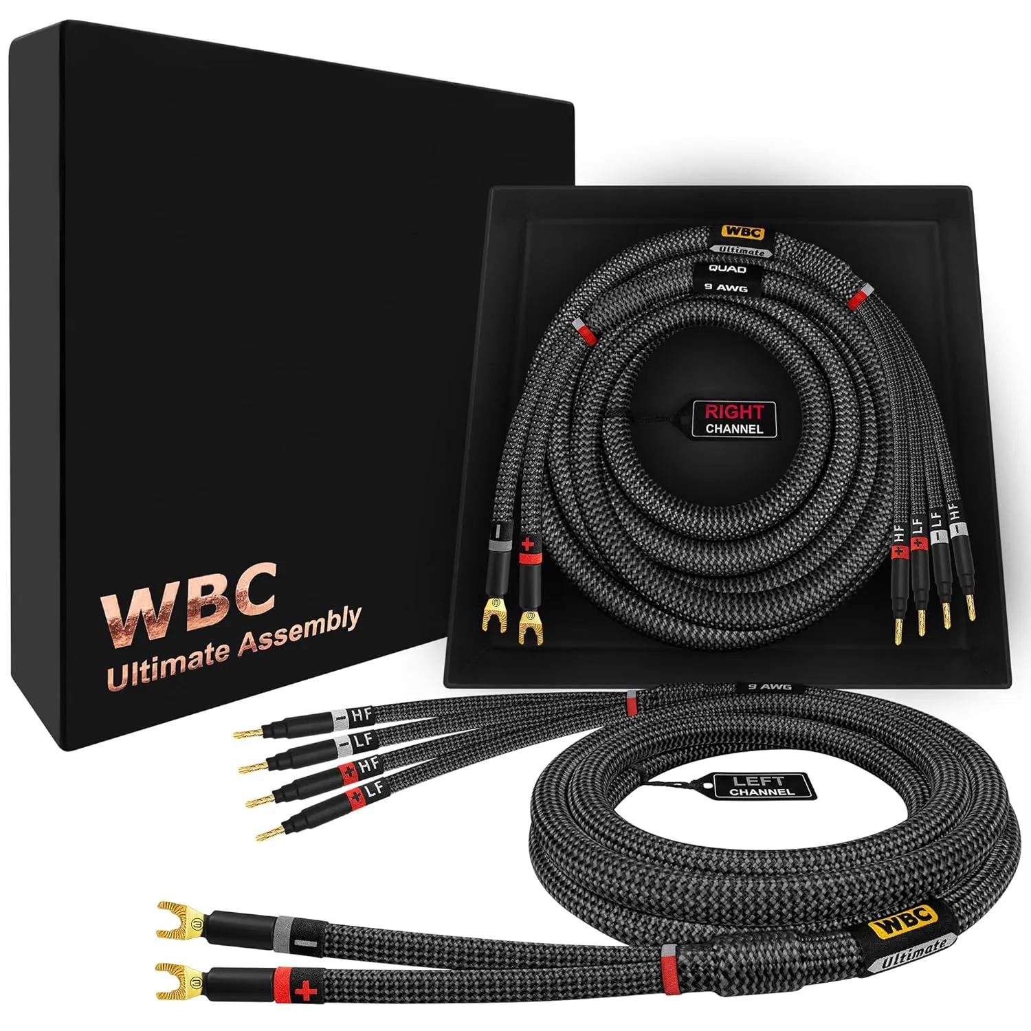 WORLDS BEST CABLES 10 Foot Ultimate - 9 AWG - Ultra-Pure OFC - Premium Audiophile HiFi Bi-Wire Speaker Cable Pair with Eminence Gold Spade (x2) & Banana (x4) Plugs & Carbon Tweed Jacket