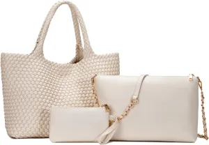 Woven Tote Bag for Women Large Fashion Summer Beach Tote Bagsand Purses Braided Bags Three piece women's bag set