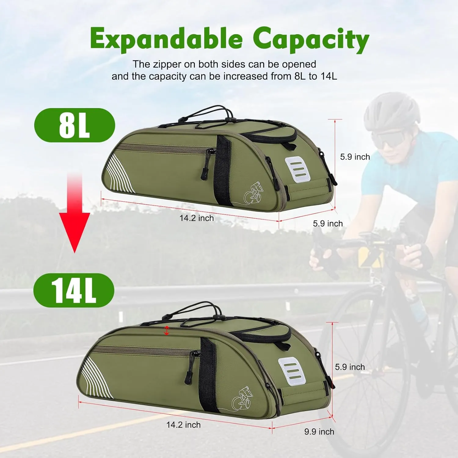YEEGO DIRECT Bike Rack Bag, 14L Expandable Capacity Bike Bags for Bicycles Rear Rack,Waterproof Bike Trunk Panniers Reflective Design, Crossbody Shoulder Bag for Commuting Outings(Green)