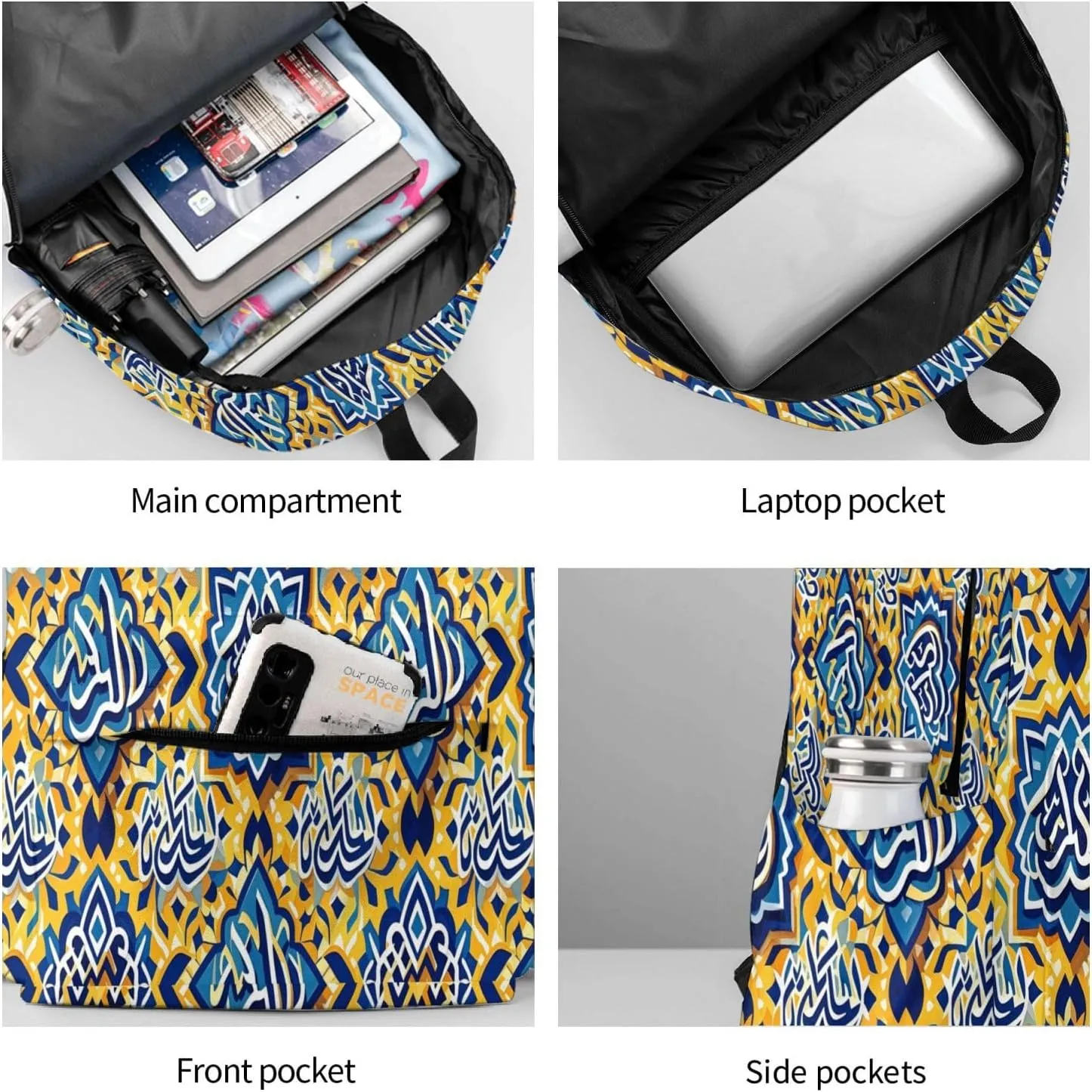 Yellow Blue Moroccan Arabic Script Adult Backpacks 15 Inch Laptop Backpack Travel Bag for Men Women Gifts