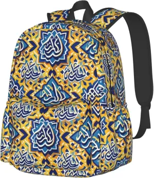 Yellow Blue Moroccan Arabic Script Adult Backpacks 15 Inch Laptop Backpack Travel Bag for Men Women Gifts
