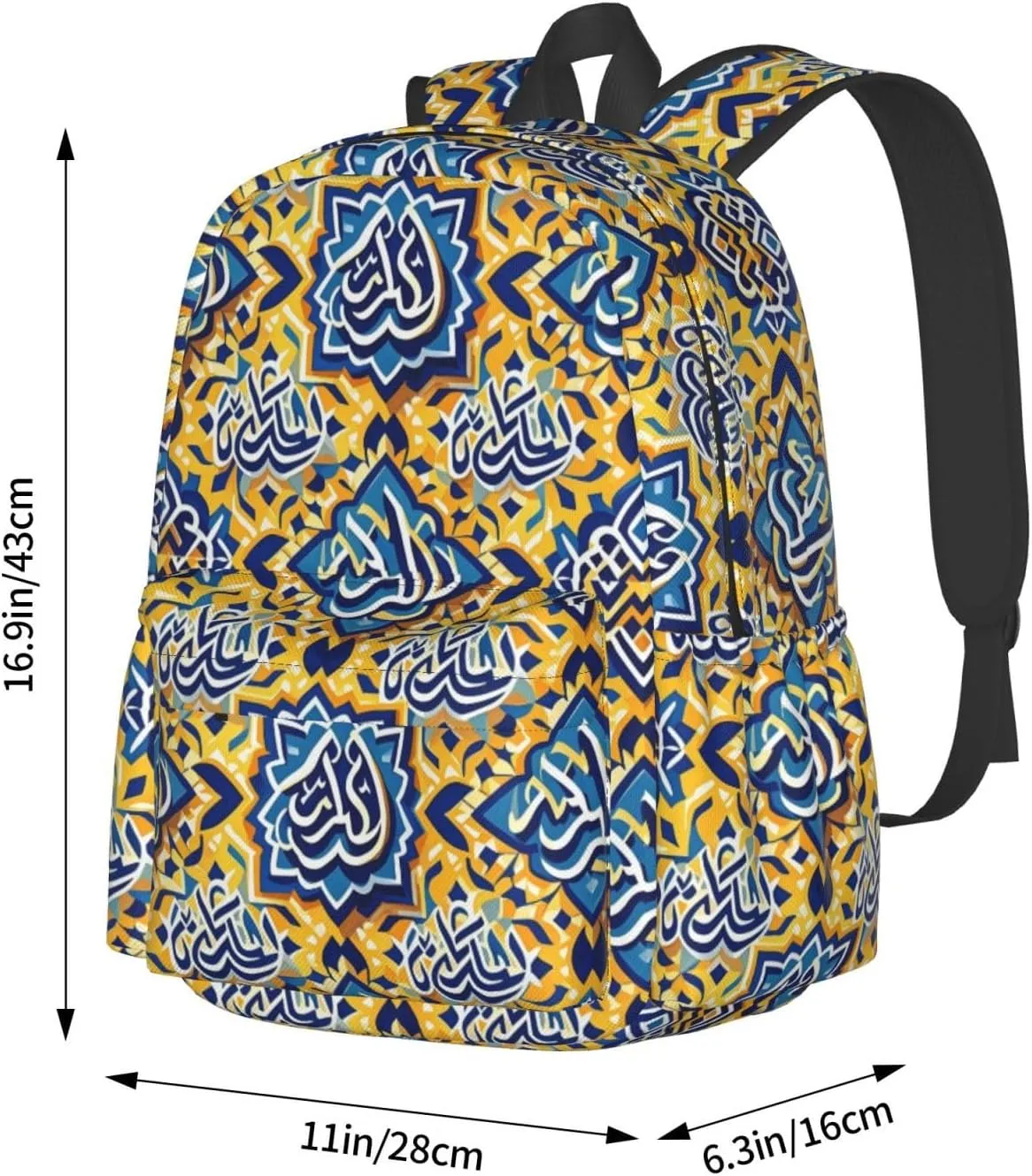 Yellow Blue Moroccan Arabic Script Adult Backpacks 15 Inch Laptop Backpack Travel Bag for Men Women Gifts