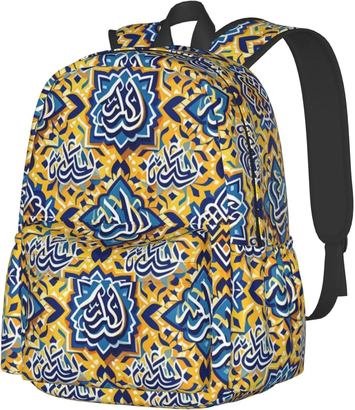 Yellow Blue Moroccan Arabic Script Adult Backpacks 15 Inch Laptop Backpack Travel Bag for Men Women Gifts