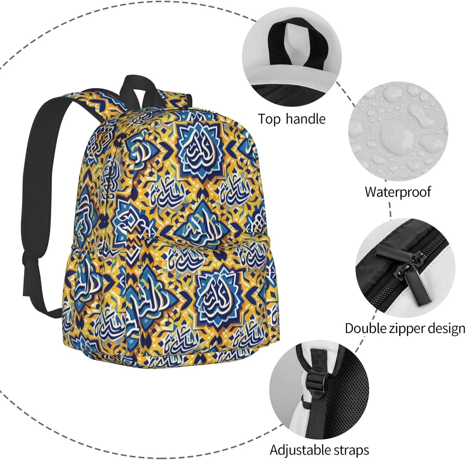 Yellow Blue Moroccan Arabic Script Adult Backpacks 15 Inch Laptop Backpack Travel Bag for Men Women Gifts