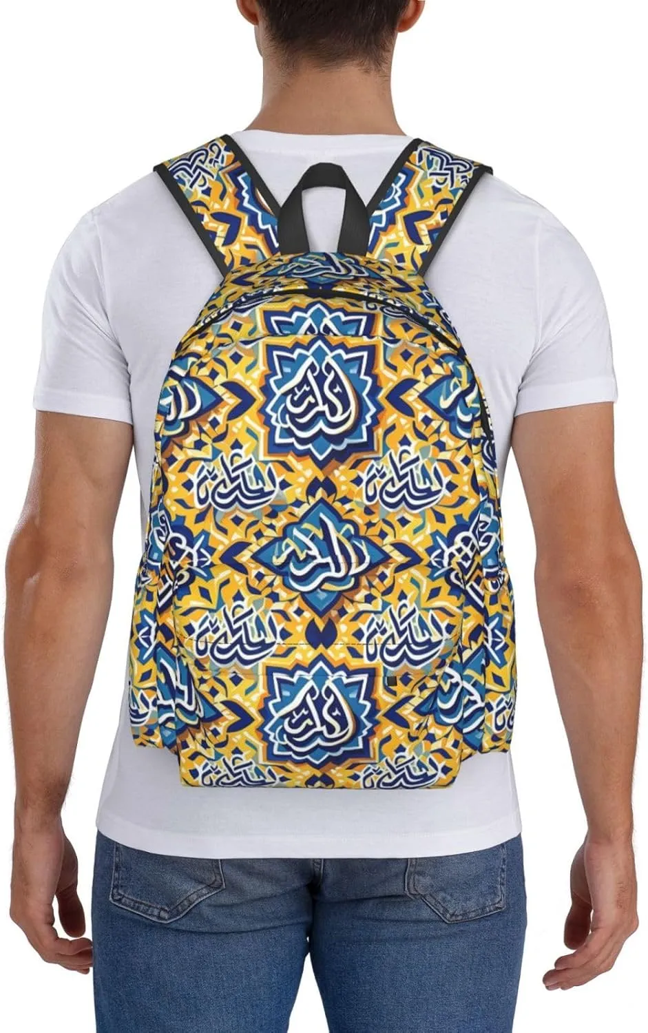 Yellow Blue Moroccan Arabic Script Adult Backpacks 15 Inch Laptop Backpack Travel Bag for Men Women Gifts