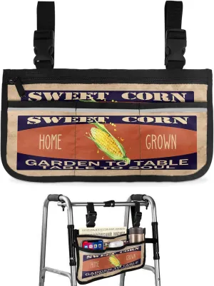 Yellow Corn Wheelchair Side Bag Walker Bag, Sweet Vegetable Rustic Farm Vintage Pictorial Wheelchair Accessories Armrest Pouch, Organizer Storage Bag for Walkers, Rollators, 7.3''x13''