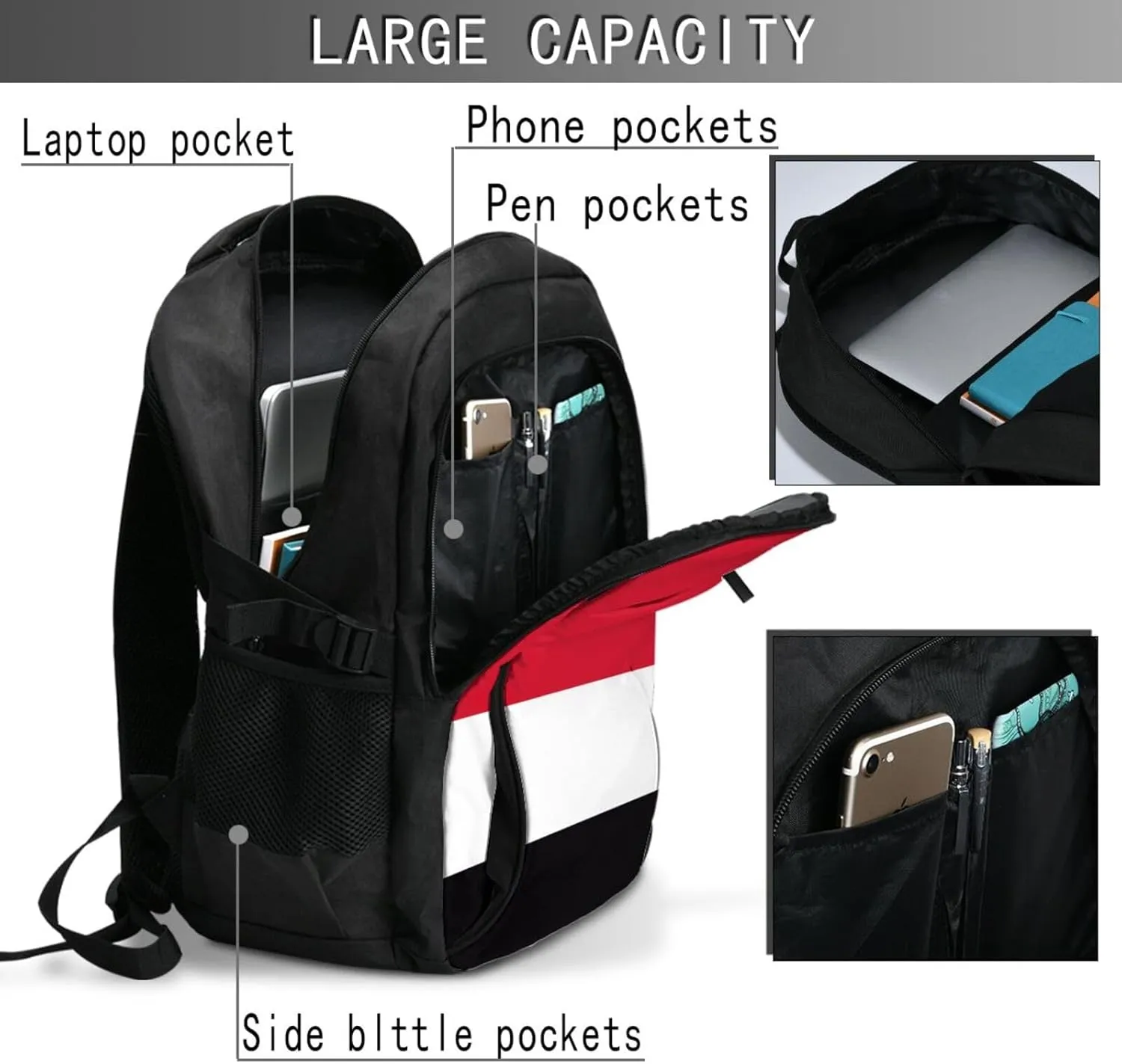 Yemen Yemeni Yemenian Flag Business Laptop Backpack Travel Backpacks Outdoor Rucksack Large Bag Daypack with USB Charging Port Multi-Pocket for Hiking Camping
